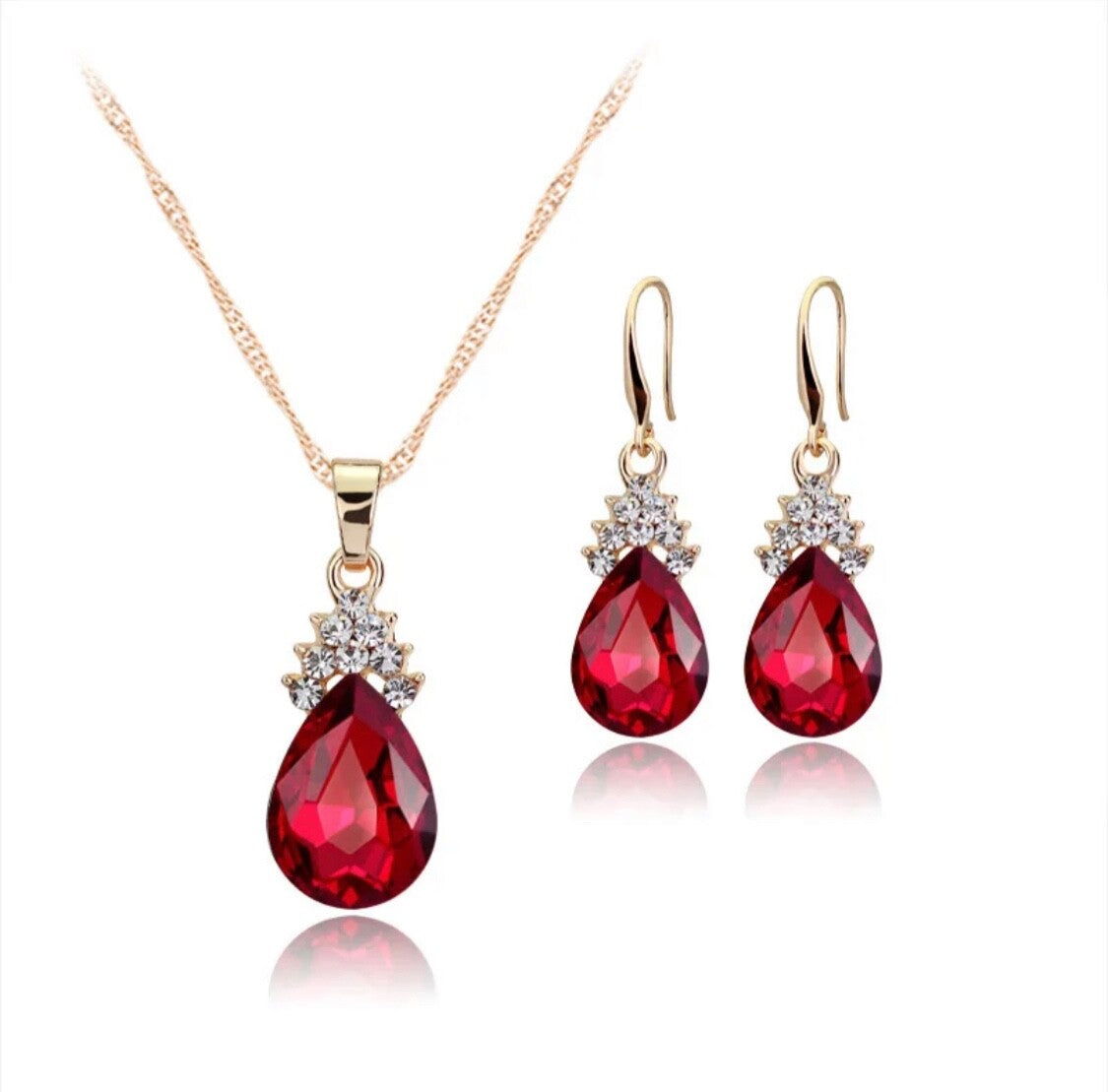 Dangle Drop Earrings and Necklace set red stones.1