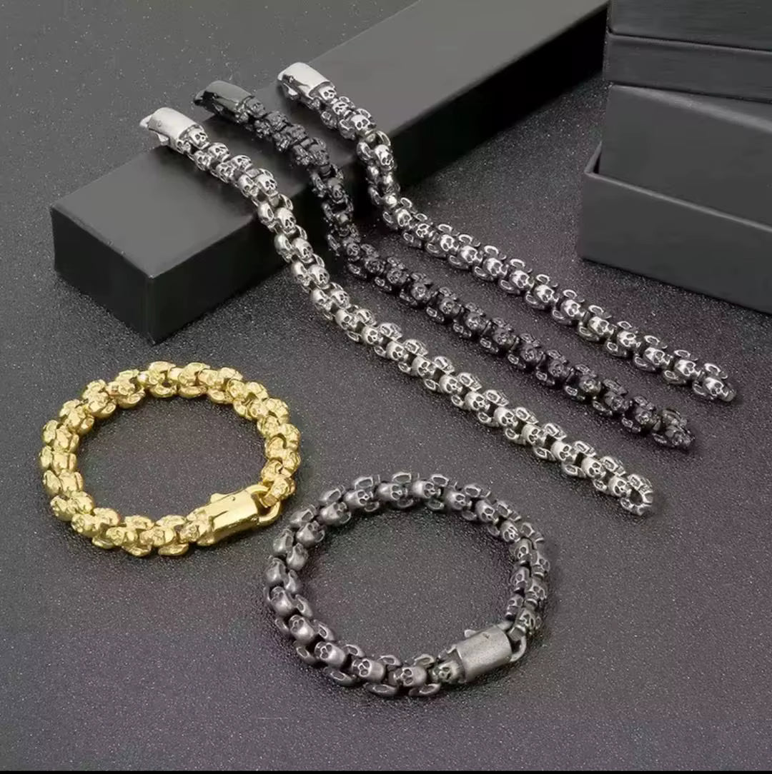 Stainless Steel Rugged Skull Bracelet, Biker Punk Goth 8-8.5in