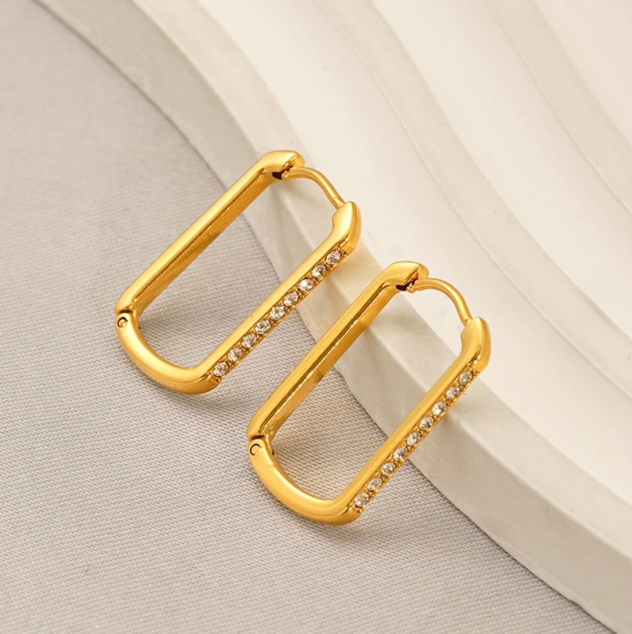 Stainless Steel CZ Huggie Hoop Rectangular Paper Clip Earrings Gold4