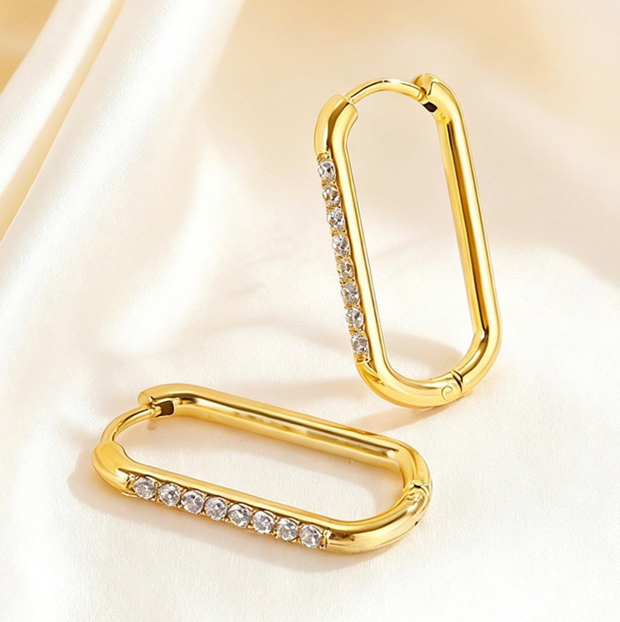 Stainless Steel CZ Huggie Hoop Rectangular Paper Clip Earrings Gold3