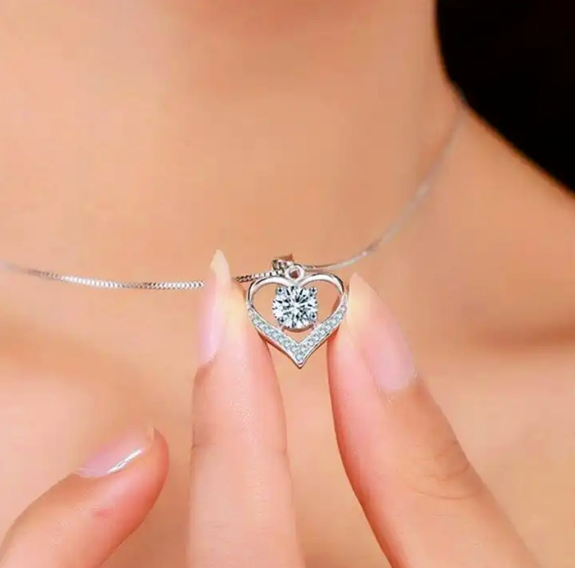 925 Sterling Silver Plated Love Heart Pendant Box Chain Necklace Women Gift  CZ12