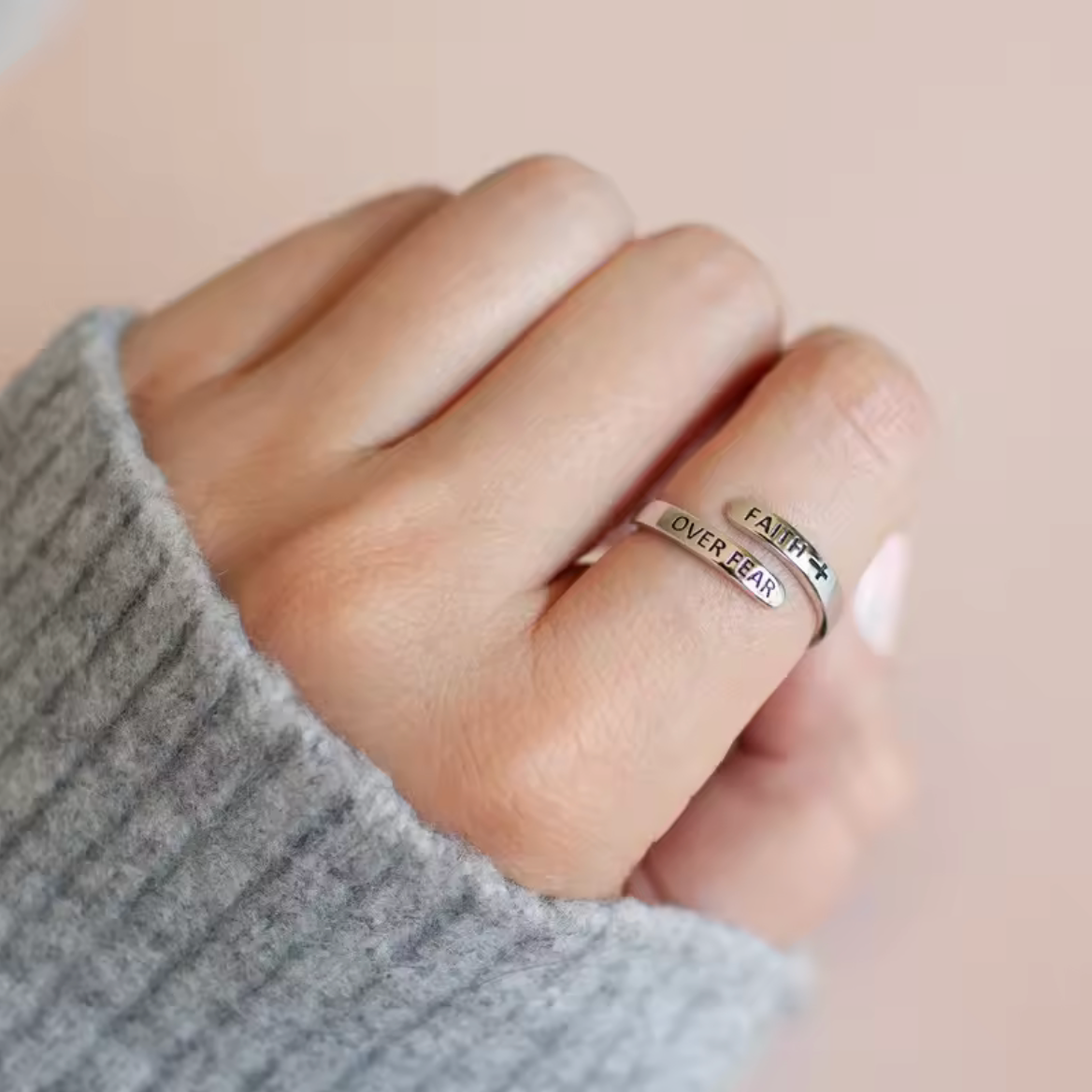 Faith Over Fear Cross Jesus Ring Adjustable Christian Jewelry2