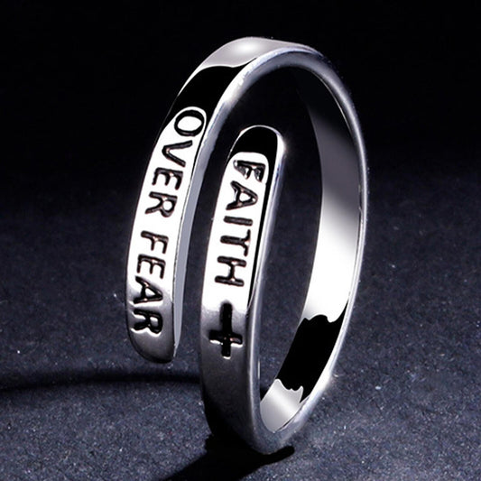 Faith Over Fear Cross Jesus Ring Adjustable Christian Jewelry1