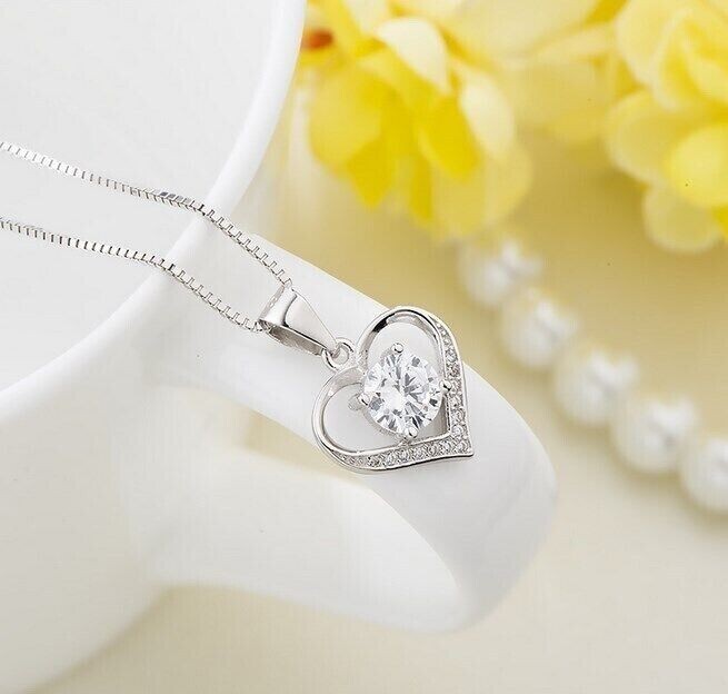 925 Sterling Silver Plated Love Heart Pendant Box Chain Necklace Women Gift  CZ9
