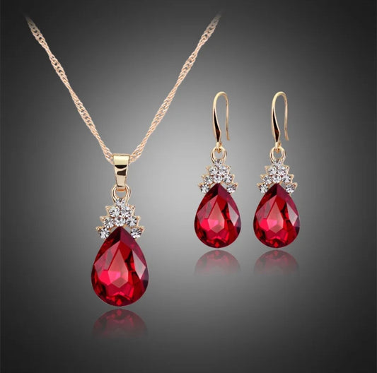 Dangle Drop Earrings and Necklace set red stones.0