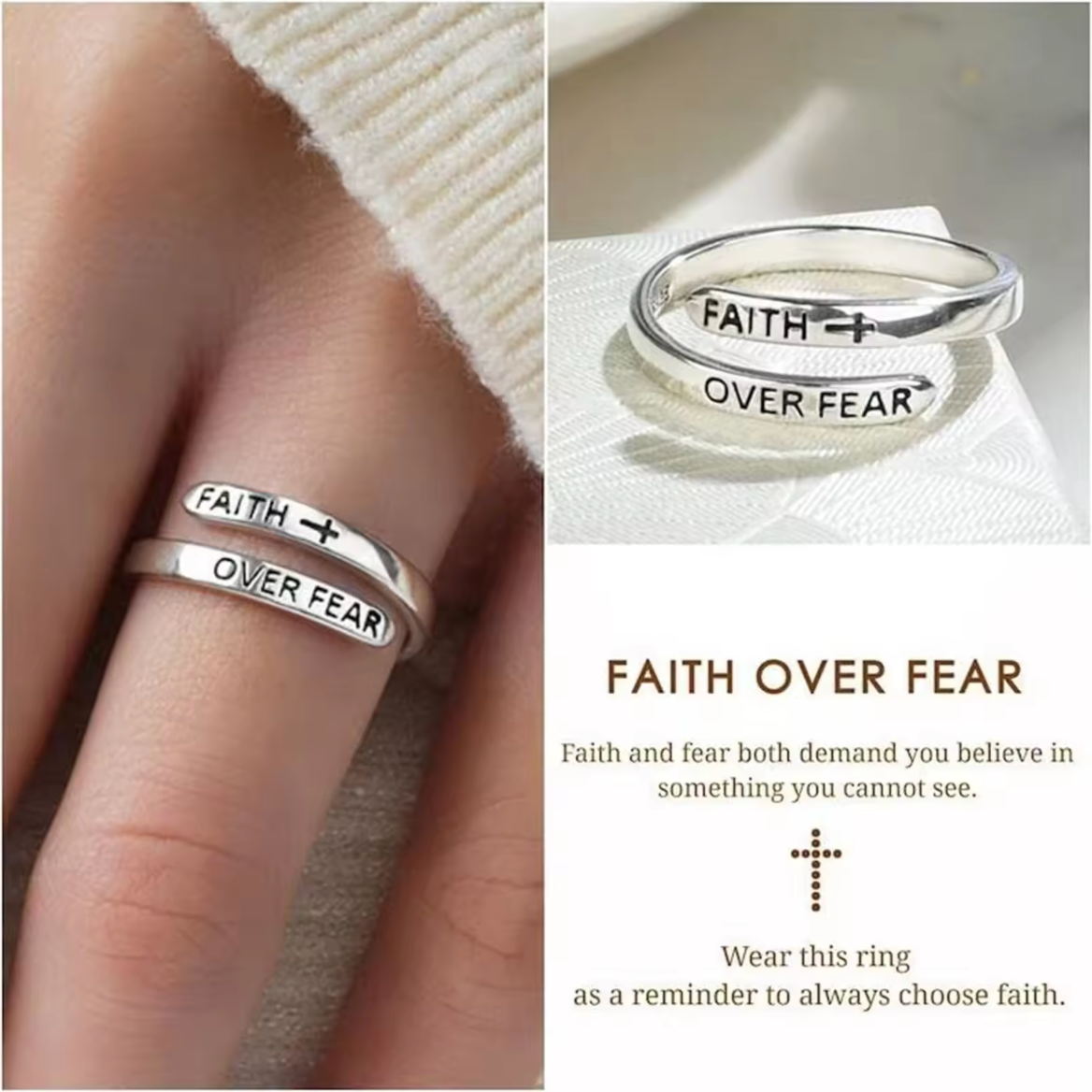 Faith Over Fear Cross Jesus Ring Adjustable Christian Jewelry0