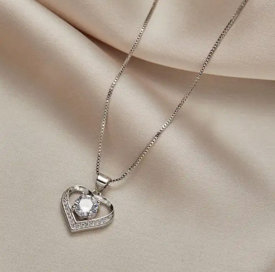 925 Sterling Silver Plated Love Heart Pendant Box Chain Necklace Women Gift  CZ7