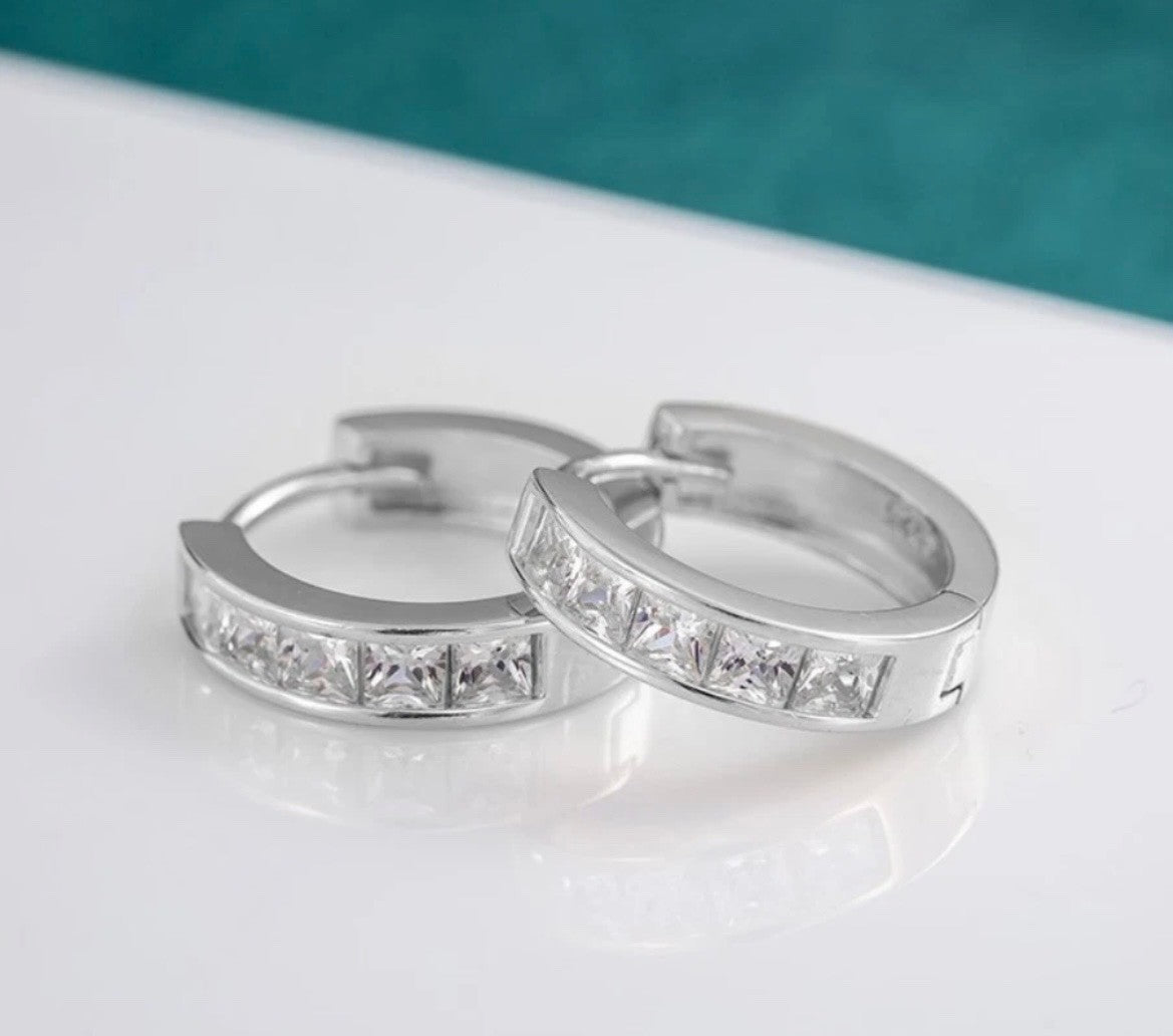 925 Sterling Silver Plated Square CZ Huggie Hoop Earrings Women Men2
