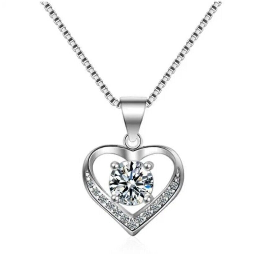 925 Sterling Silver Plated Love Heart Pendant Box Chain Necklace Women Gift  CZ10