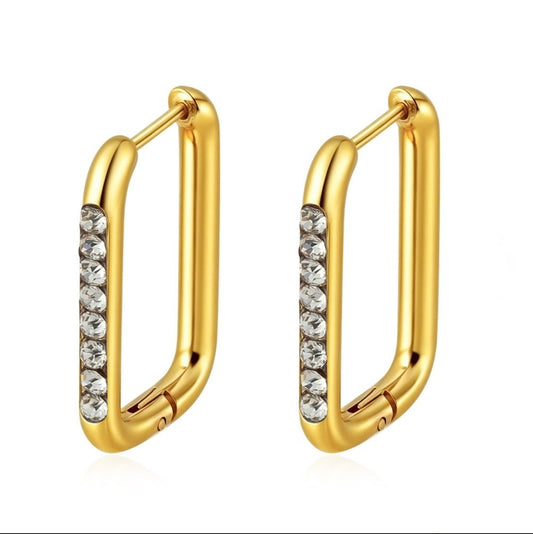Stainless Steel CZ Channel Set Huggie Hoop Rectangular Earrings Gold0