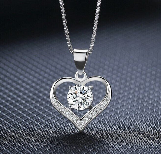 925 Sterling Silver Plated Love Heart Pendant Box Chain Necklace Women Gift  CZ0