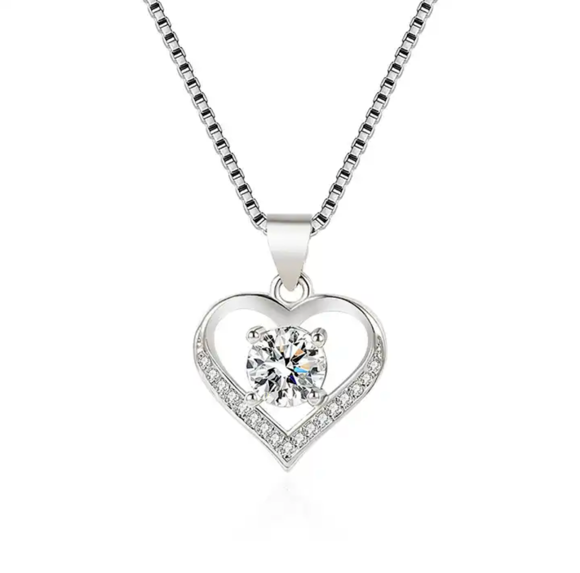 925 Sterling Silver Plated Love Heart Pendant Box Chain Necklace Women Gift  CZ3
