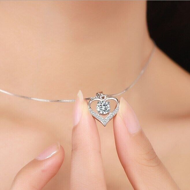 925 Sterling Silver Plated Love Heart Pendant Box Chain Necklace Women Gift  CZ1