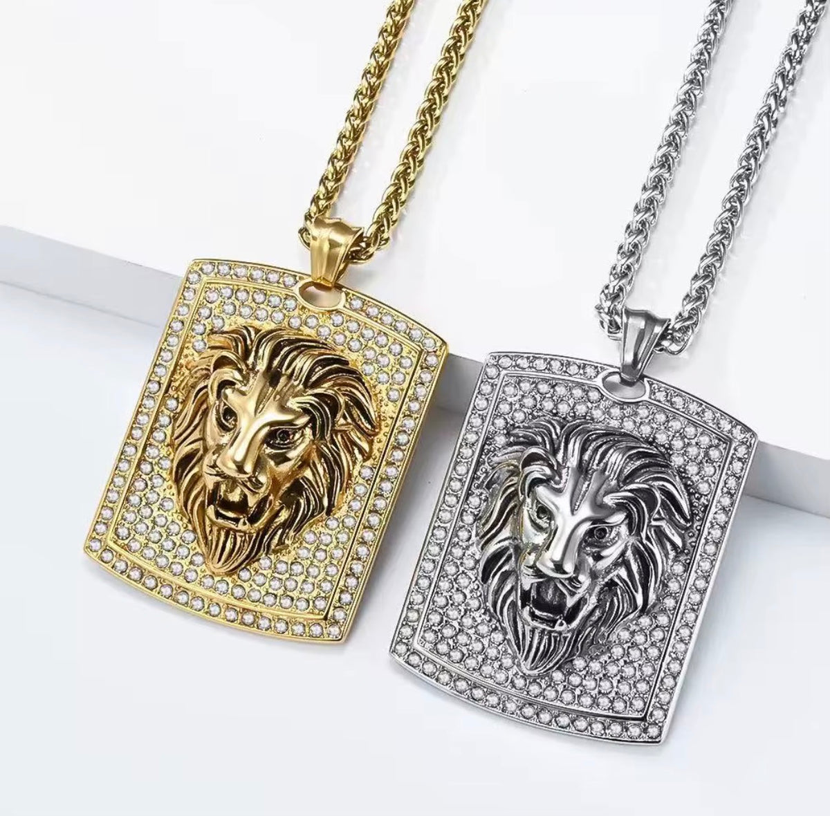 Stainless Steel Iced Out Lion Dog Tag Pendant Gold