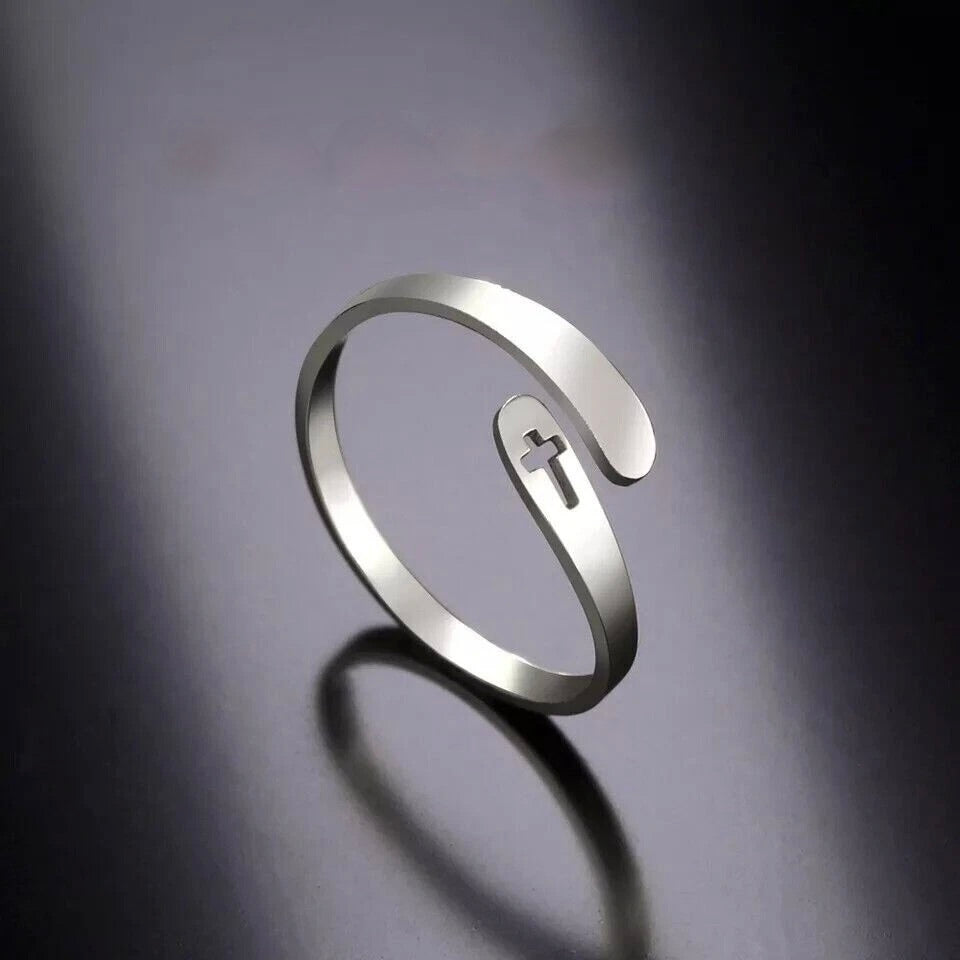 Stainless Steel Adjustable Ring with Cross Silver Women, Men