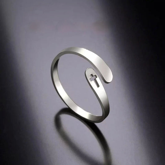 Stainless Steel Adjustable Ring with Cross Silver Women, Men